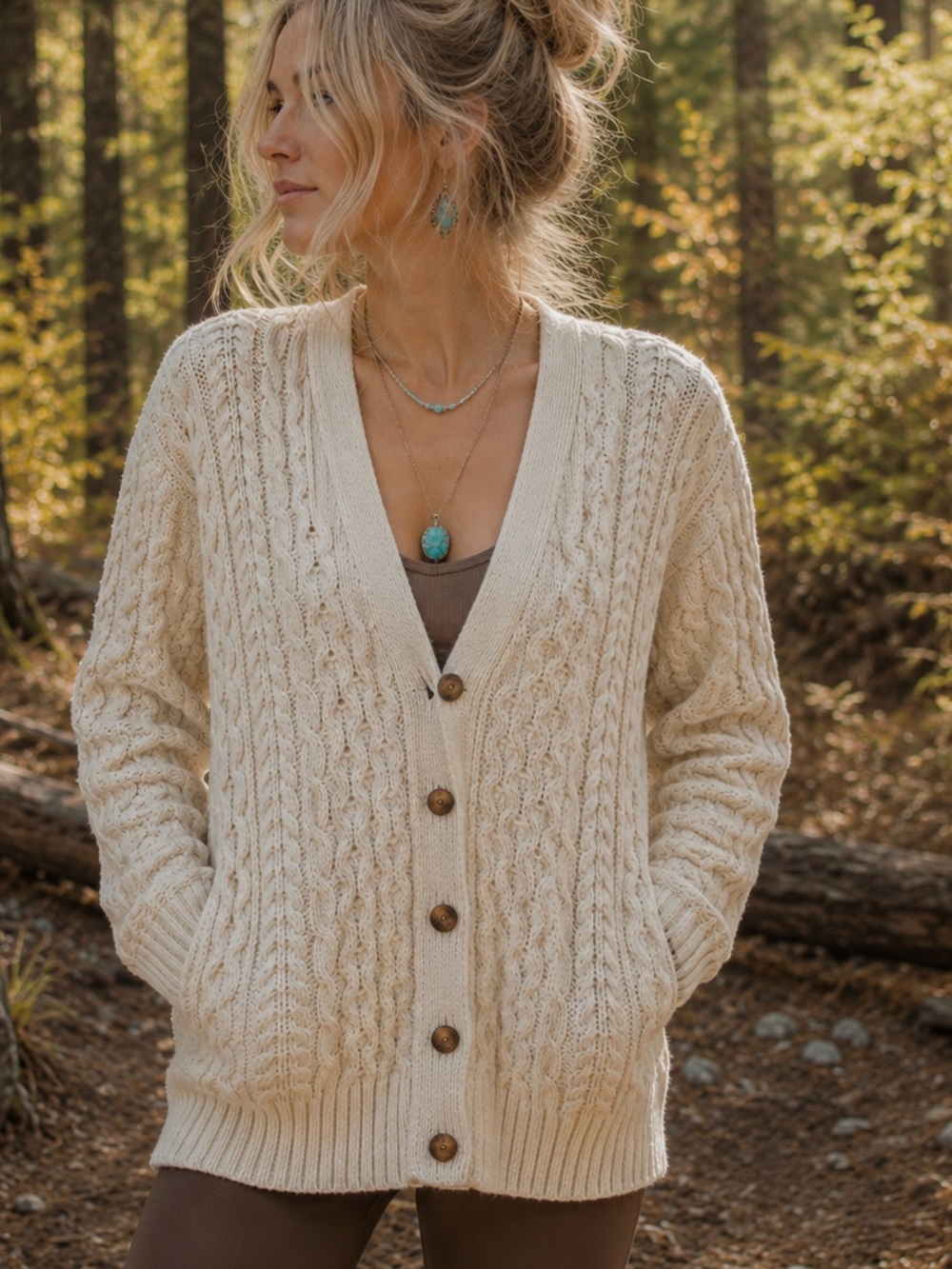 Brandy Melville 90% Wool Cream Cable Knit Button Cardigan Oversized Cozy